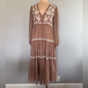 Three Bird Nest Bohemian Floral Lace Trim Maxi Dress - Dusty Rose Size Small